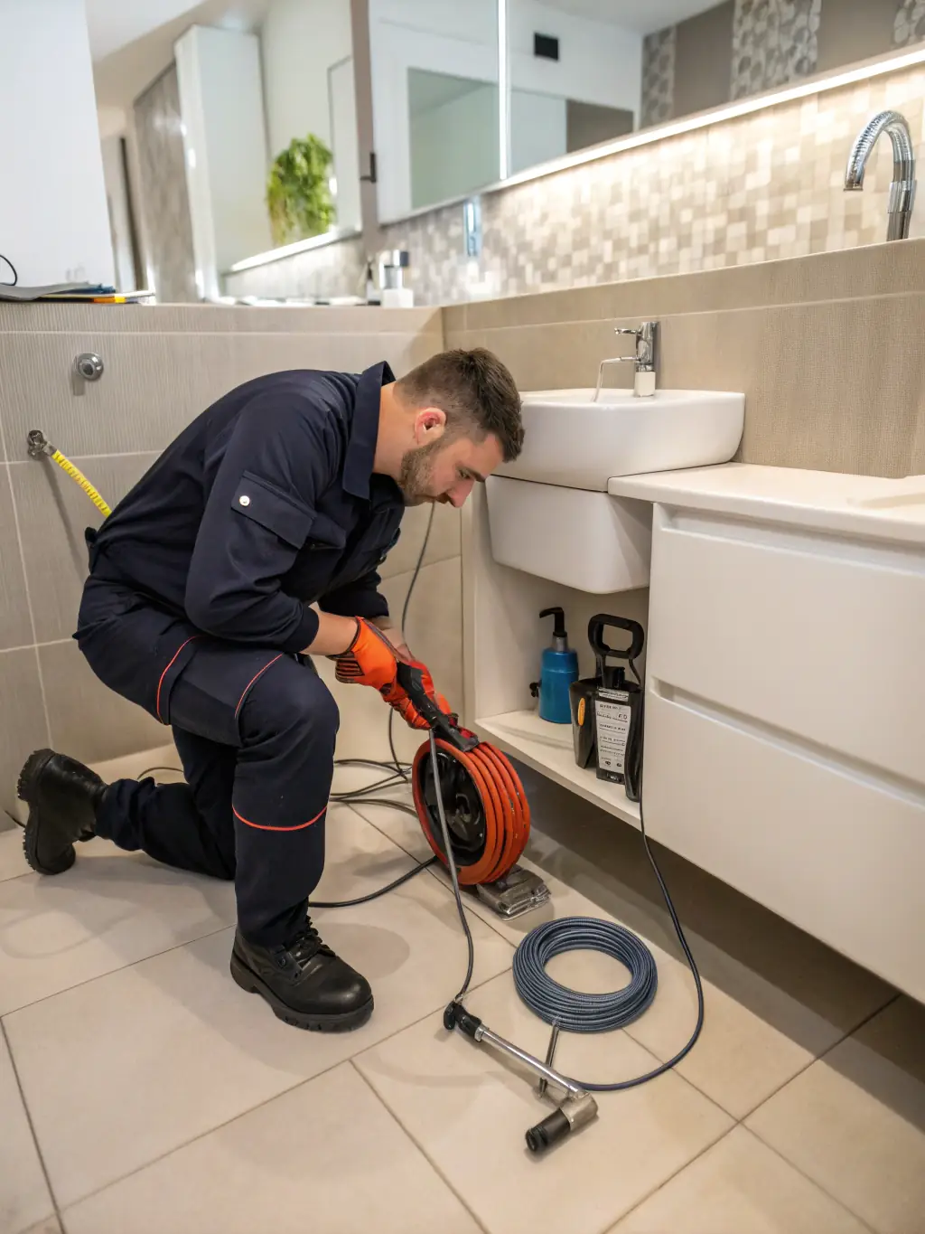 A technician using a drain snake to clear a clogged drain in a bathroom, demonstrating Fresh Flow Florida's drain cleaning process.