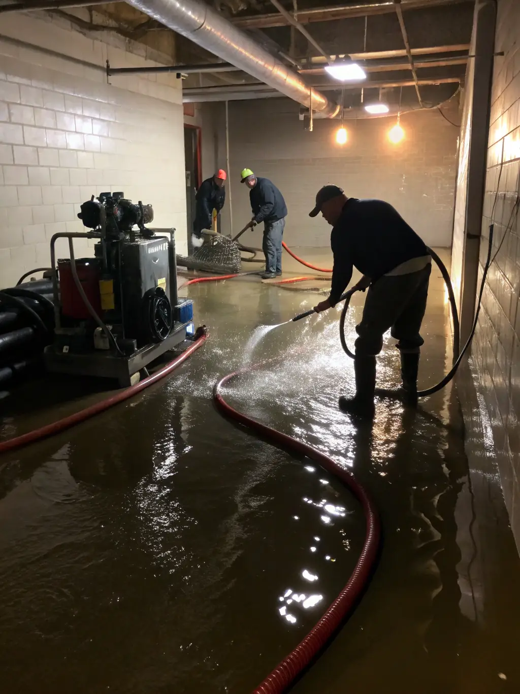 A team of technicians drying out a flooded basement with industrial equipment, highlighting Fresh Flow Florida's water restoration capabilities.