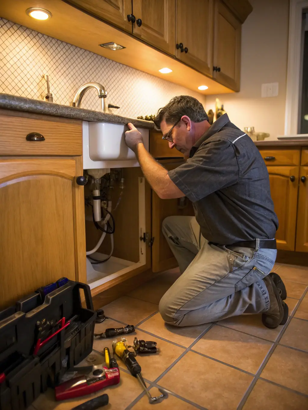 A licensed plumber fixing a leaking pipe under a kitchen sink with professional tools, showcasing Fresh Flow Florida's plumbing expertise.