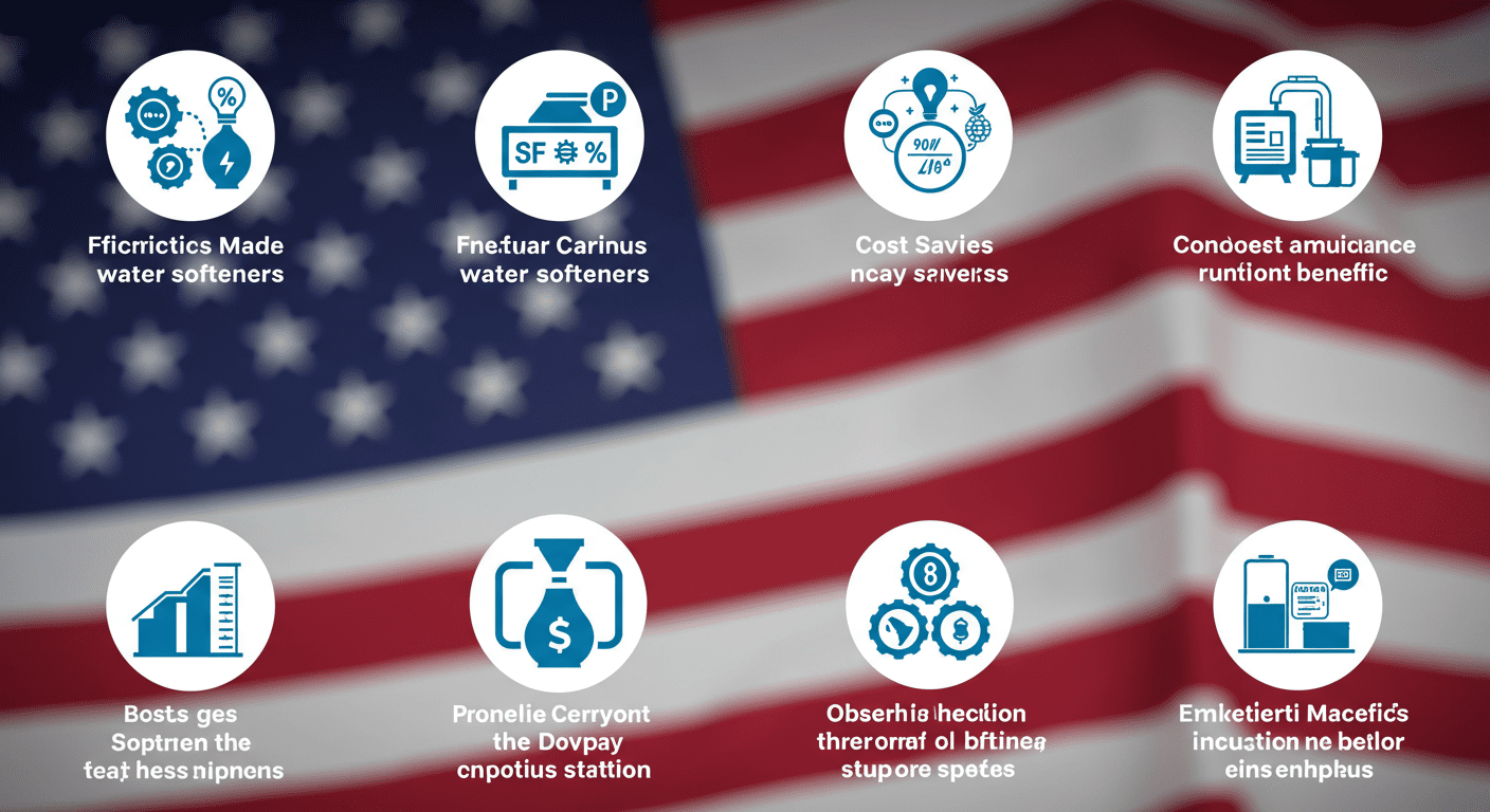 An infographic-style image illustrating the benefits of using American-made water softeners. It includes icons representing efficiency, cost savings, and environmental benefits, set against a backdrop of the American flag to emphasize domestic manufacturing.