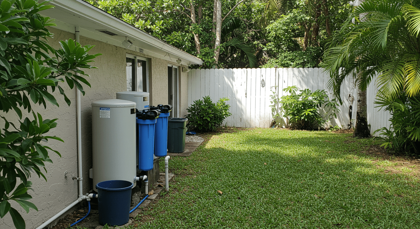 A serene outdoor scene in Fort Lauderdale, featuring a water filtration system in a backyard setting, surrounded by lush greenery.