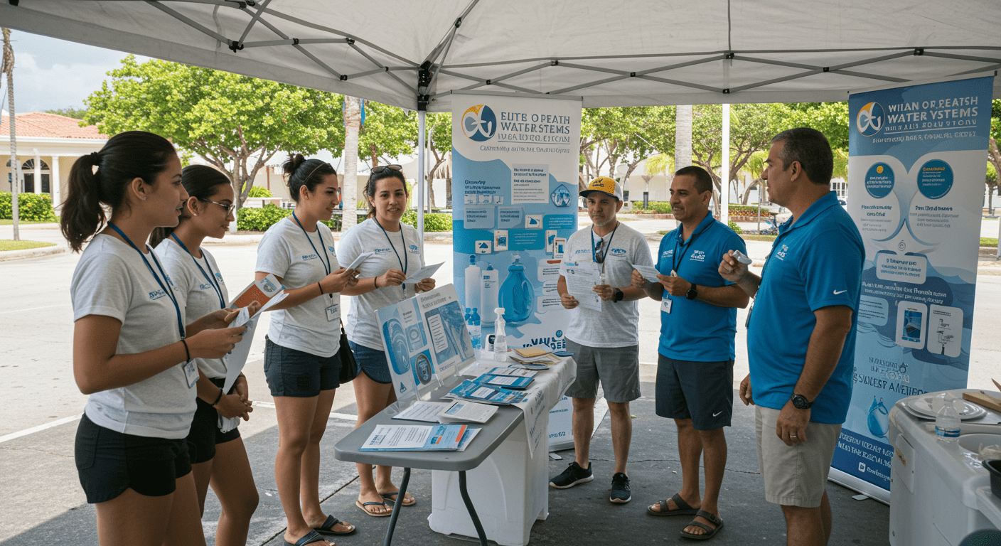 A community event in Miami Beach where families are learning about water and air quality solutions. Engaging visuals of people interacting with representatives from Elite Water Systems, showcasing educational materials and demonstrations.