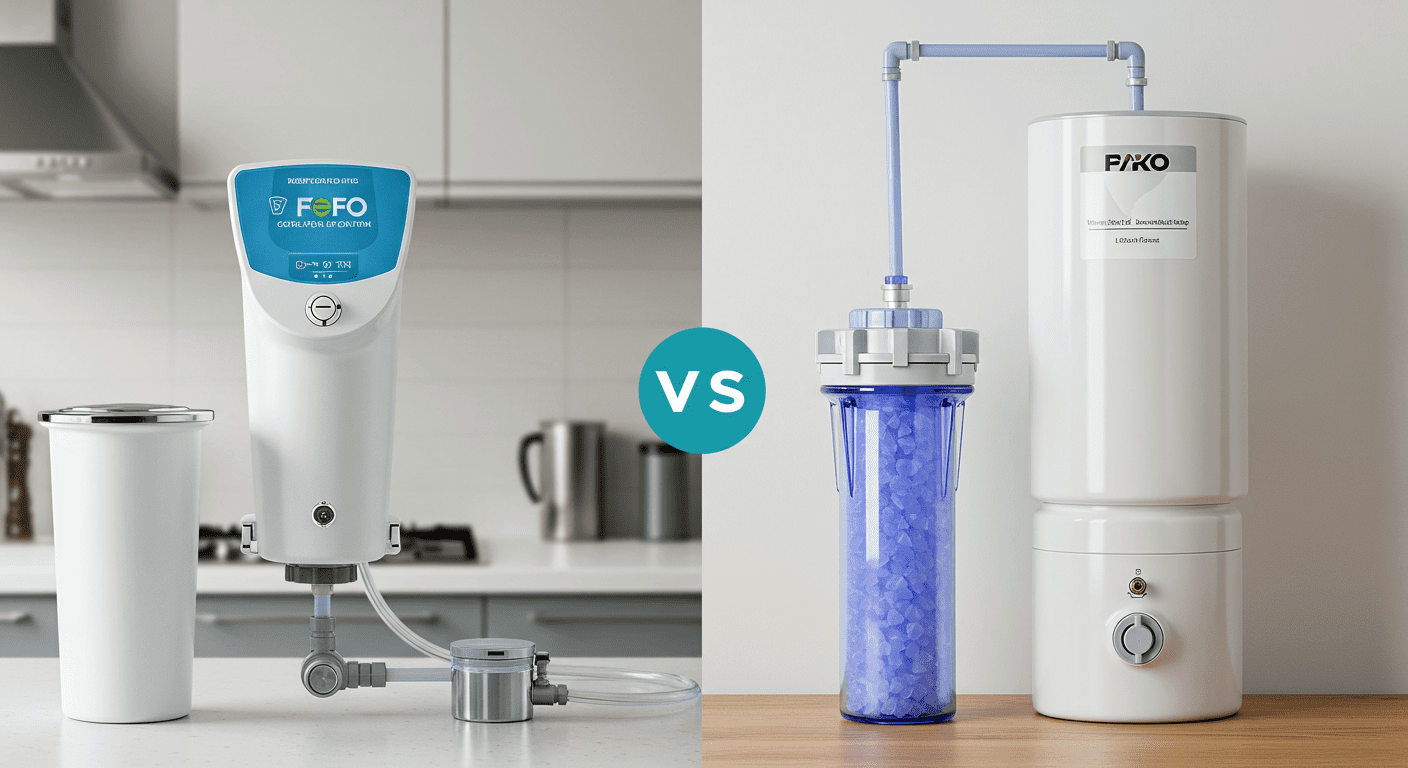 A visually appealing side-by-side comparison of an eco filter system and a traditional water filtration system, highlighting the differences in design and efficiency. The background is a clean, modern kitchen setting.