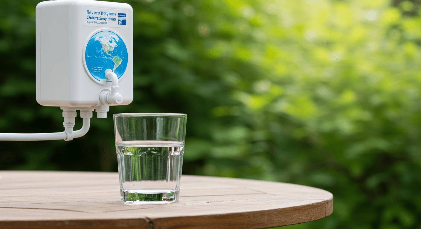 A serene outdoor setting with a glass of water placed on a wooden table, surrounded by greenery. The reverse osmosis system is subtly integrated into the background, symbolizing the environmental benefits of using such systems.
