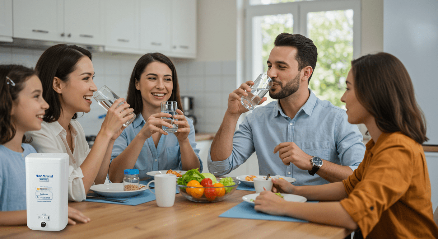 A happy family gathered around the kitchen table, drinking water and enjoying a meal, with a water filtration system visible in the background.