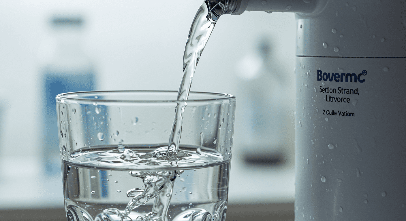A close-up of a pristine glass of water being poured from a modern water filtration system, with droplets glistening on the glass surface. The background features a bright kitchen setting, emphasizing cleanliness and freshness.