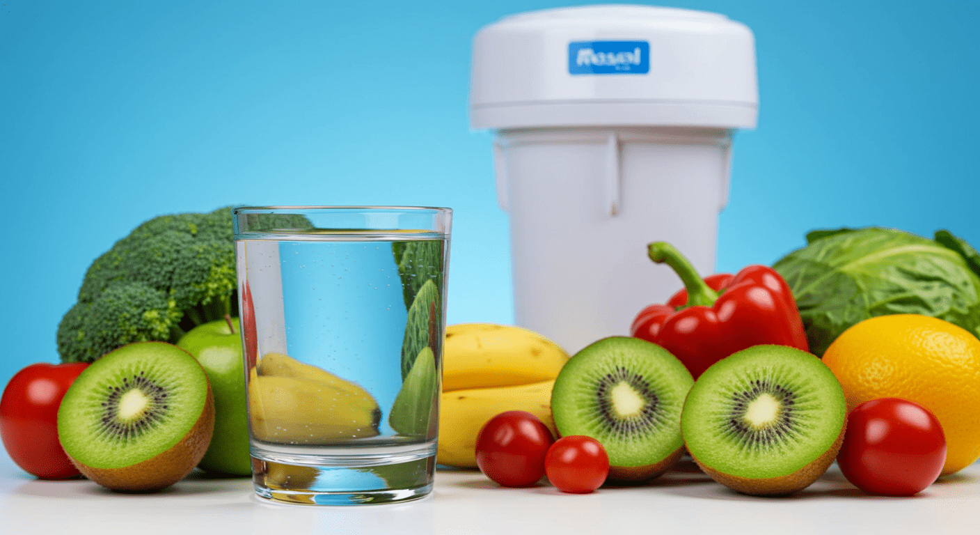 A vibrant image of a glass filled with crystal-clear water, surrounded by fresh fruits and vegetables, symbolizing health and wellness. The background features a subtle hint of a household water filter system, reinforcing the idea of healthy living.