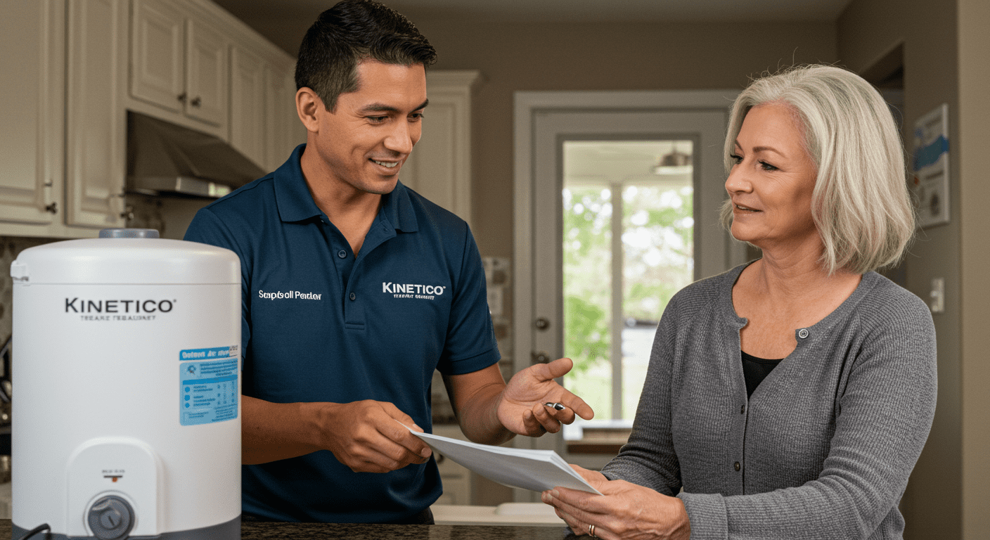 A friendly Kinetico representative assisting a customer in their home, discussing water treatment options. The setting is warm and inviting, showcasing a personal touch in customer service.