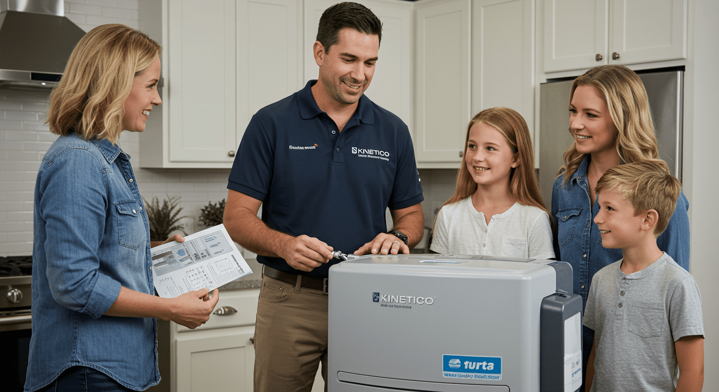 A friendly water expert in a professional setting, discussing water quality solutions with a family in their home. The expert is showing a Kinetico water softener unit.