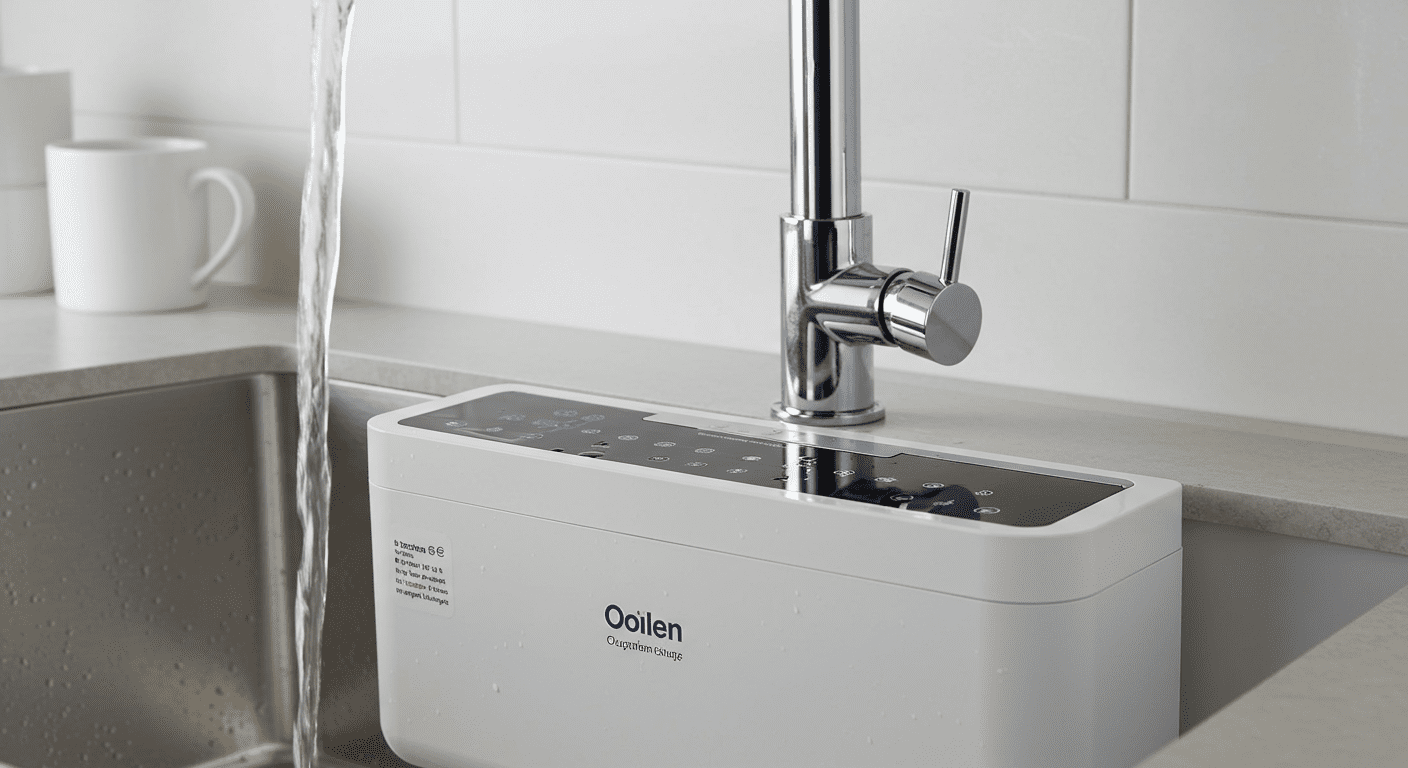 A close-up shot of a sleek, modern water purification system installed under a kitchen sink, with clear water flowing from the faucet.