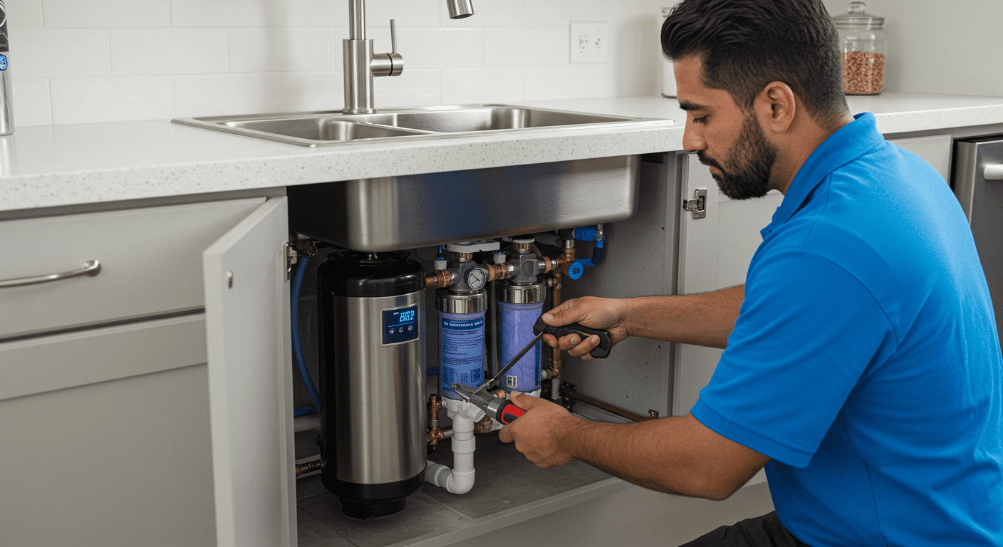 A technician installing a sleek, modern water conditioning system under a kitchen sink, showcasing the technology and ease of installation.