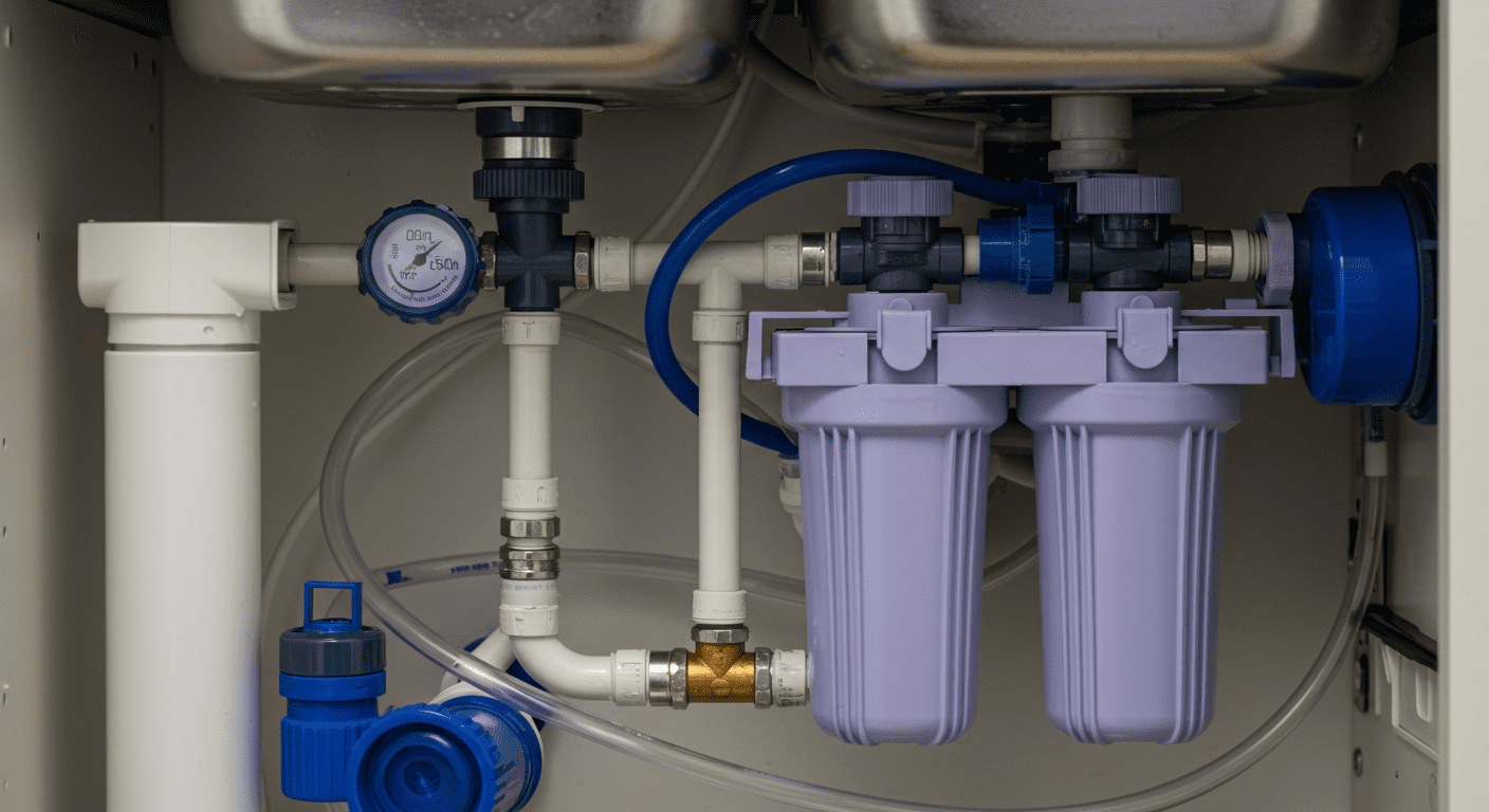 A close-up view of a modern water filtration system installed under a kitchen sink, showcasing the intricate components and clear tubing.