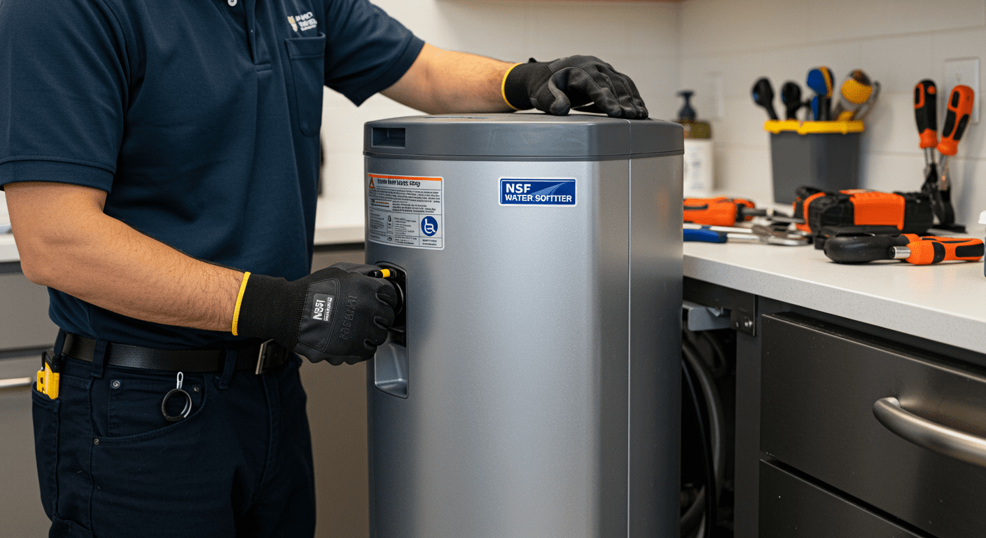 A professional technician installing an NSF certified water softener in a modern kitchen. The focus is on the sleek design of the water softener unit, with tools and plumbing parts visible in the background.