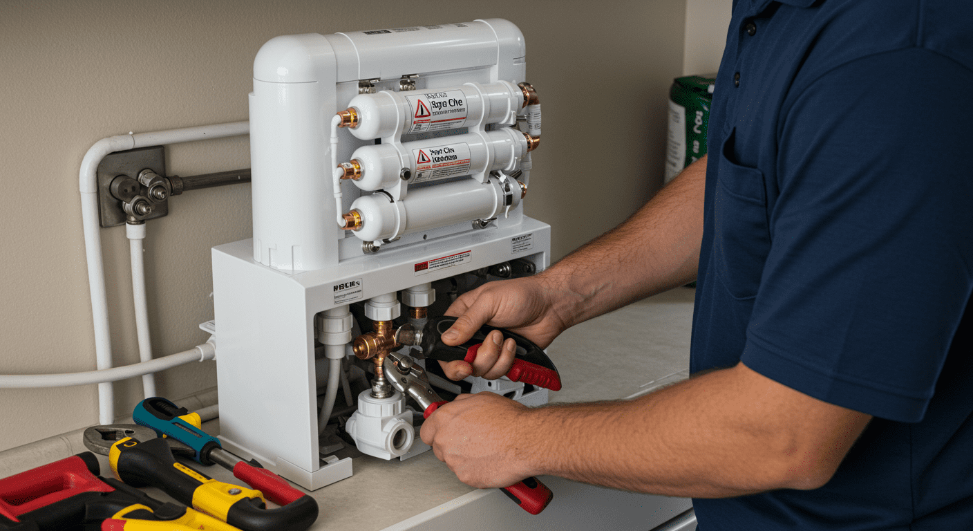 A professional plumber installing a reverse osmosis system in a residential kitchen. Tools and equipment are neatly arranged, and the focus is on the plumber’s hands as they connect the system. The image conveys professionalism and the importance of proper installation.