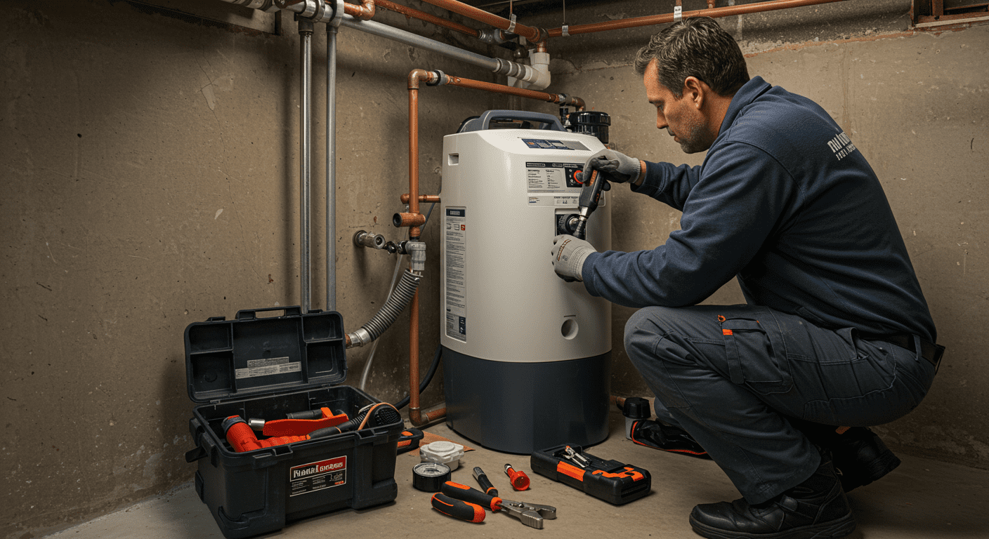 Professional technician installing a water softener system in a utility room.