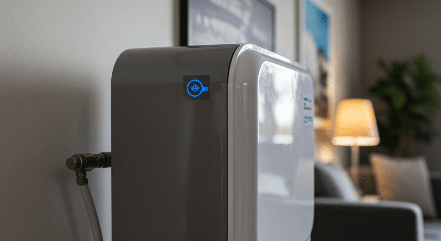 A close-up of a high-quality water softener unit installed in a stylish home environment, emphasizing its sleek design and functionality.