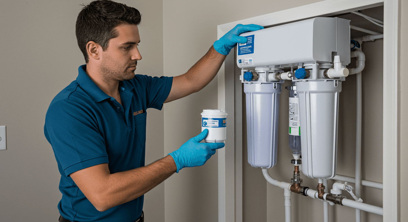 A technician installing a hard water filtration system in a home setting, demonstrating the installation process.