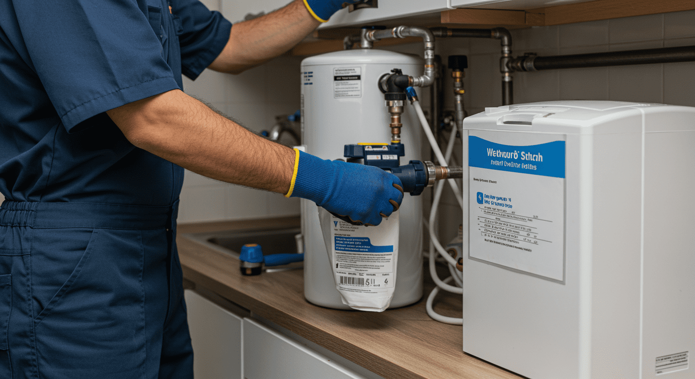 Technician installing a water softener system in a kitchen, demonstrating the installation process.