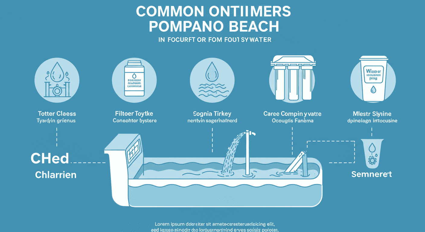An infographic-style image illustrating common contaminants found in Pompano Beach water, with icons representing each contaminant (e.g., chlorine, lead, sediment) and a water filtration system filtering them out.
