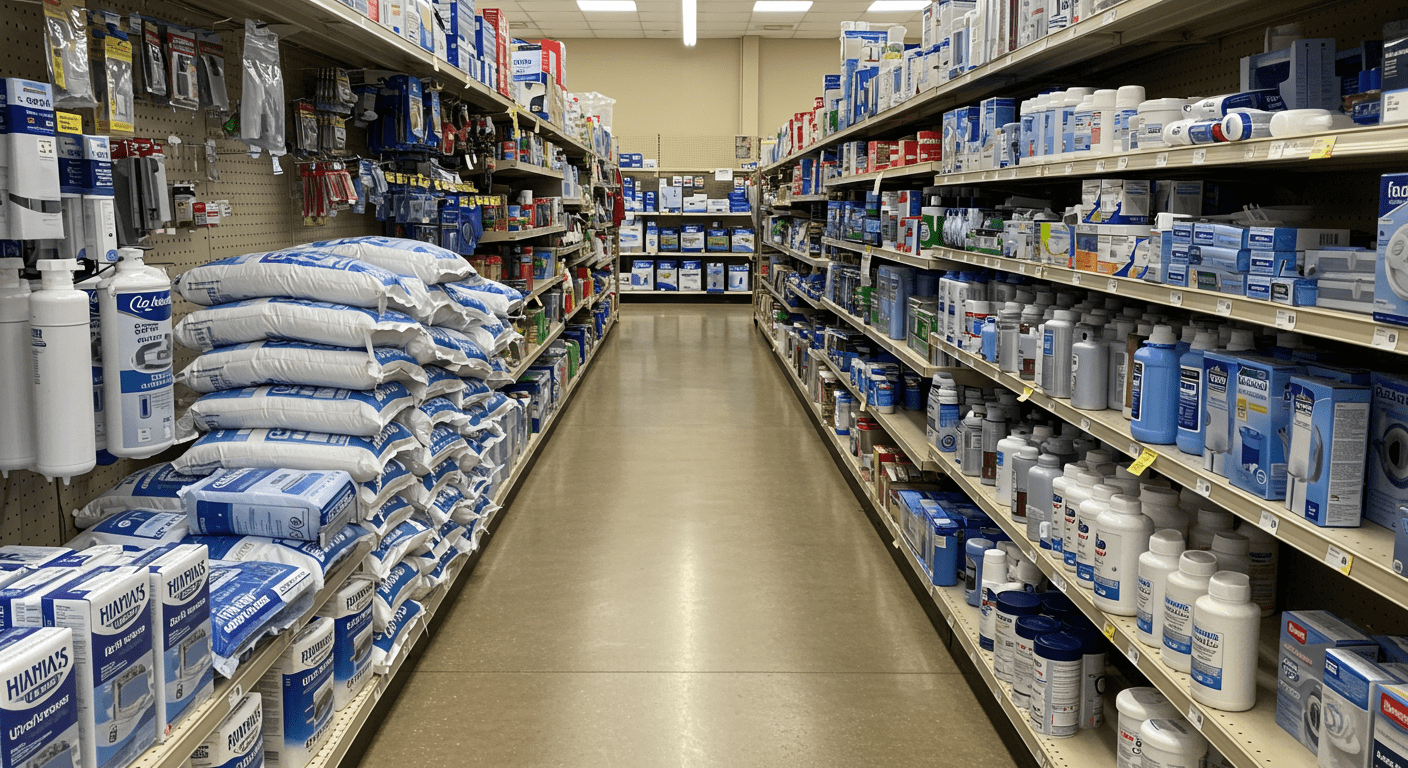 A local hardware store aisle filled with various water softener supplies, including salt bags, filters, and maintenance kits.