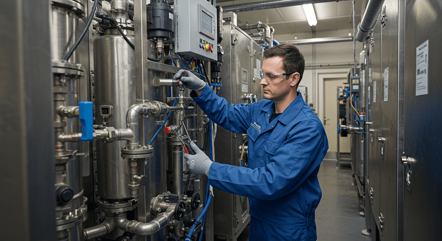 A technician performing maintenance on a water treatment system, showcasing the professionalism and expertise of the service provider.
