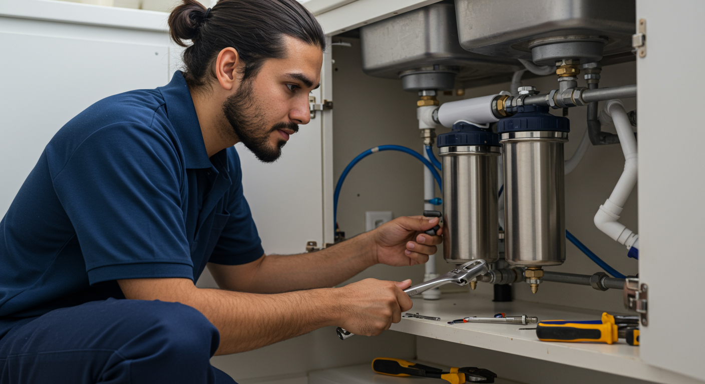 A technician installing a water filtration system under a kitchen sink, with tools and the filtration unit clearly visible.