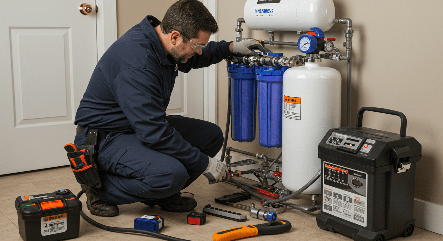A professional technician installing a whole house water filtration system in a home, with tools and equipment around, showcasing expertise and reliability.