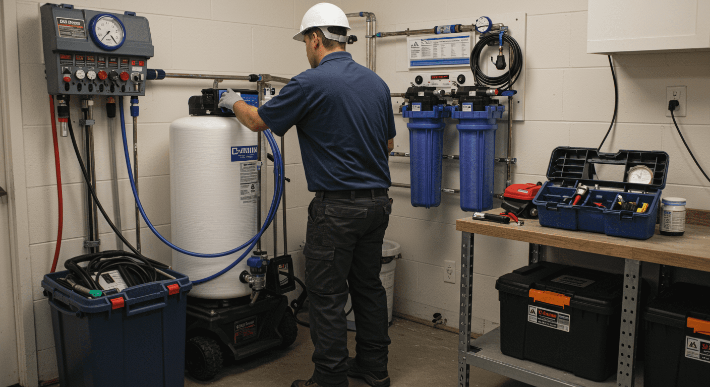 A professional technician installing a whole home water filtration system in a utility room. Tools and equipment are neatly arranged, showcasing a clean and organized installation process.