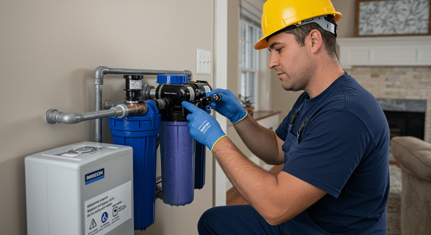 A technician installing a water filtration system in a residential setting, showcasing the process and professionalism.