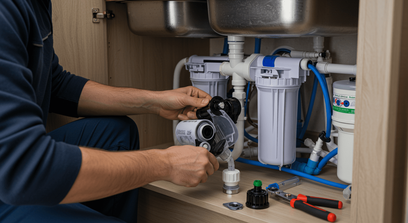 A technician installing a water filtration system under a kitchen sink, showcasing the installation process.