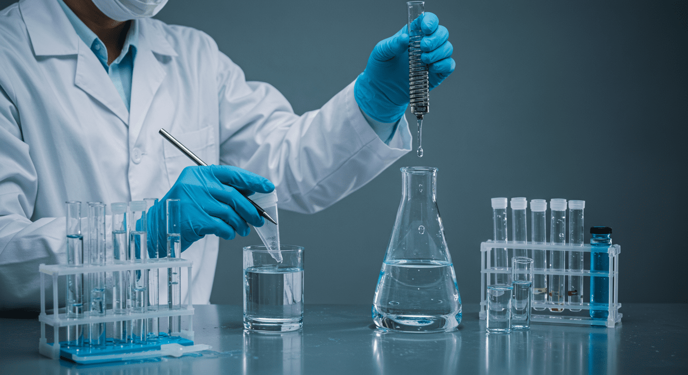 A scientist in a lab coat conducting water quality tests with various samples and equipment, showcasing the scientific approach to ensuring safe water.