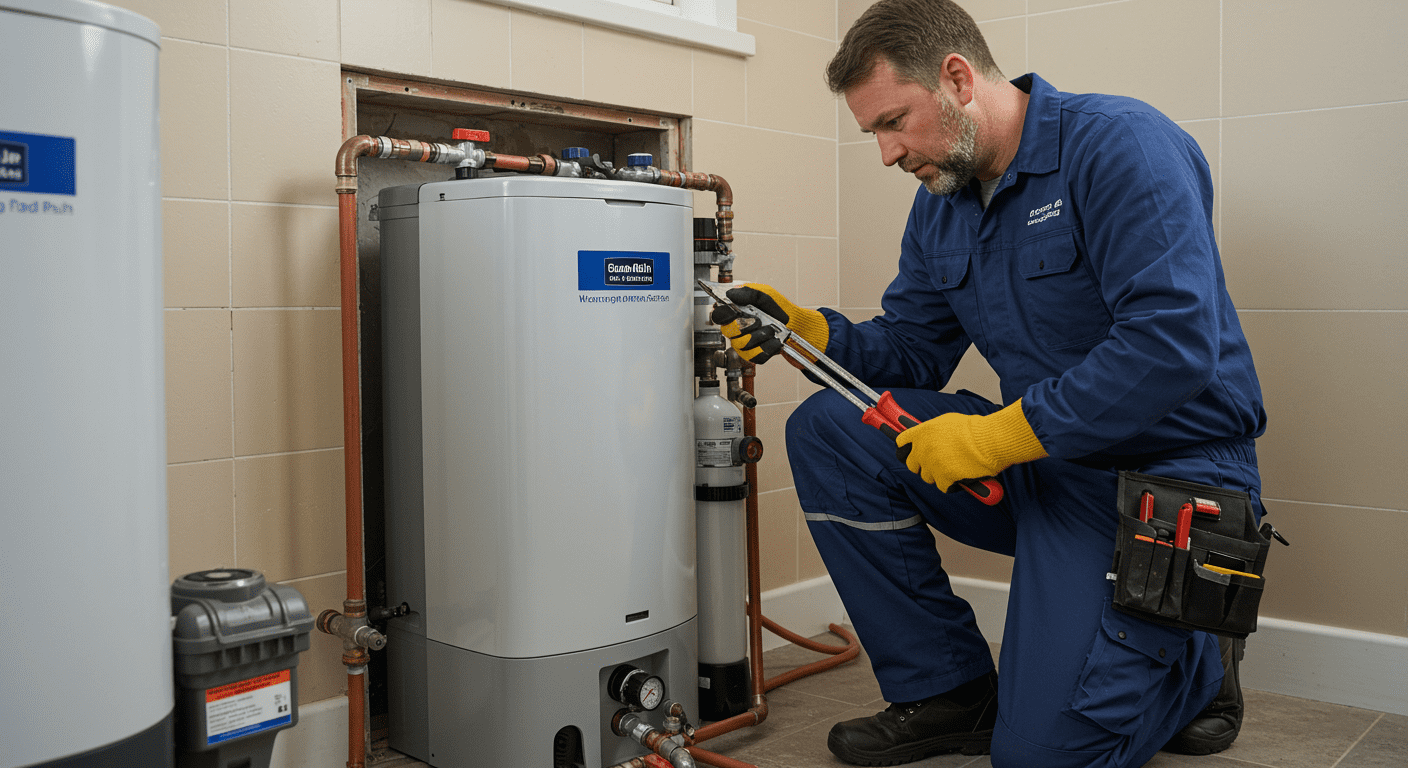 A professional plumber installing a water softener in a residential home. The plumber is focused and using tools, with the water softener prominently displayed in the foreground.