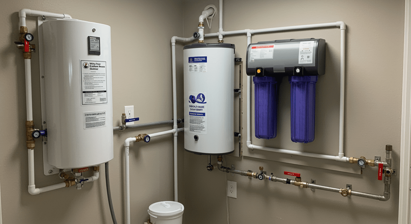 A modern home utility room showcasing a whole-house carbon filtration system. The system is prominently displayed with pipes and connections, emphasizing its importance in providing clean water throughout the house.