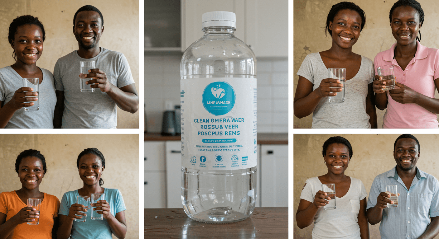 A collage of smiling customers standing in their homes, each holding a glass of clean water, reflecting satisfaction and trust in the product.