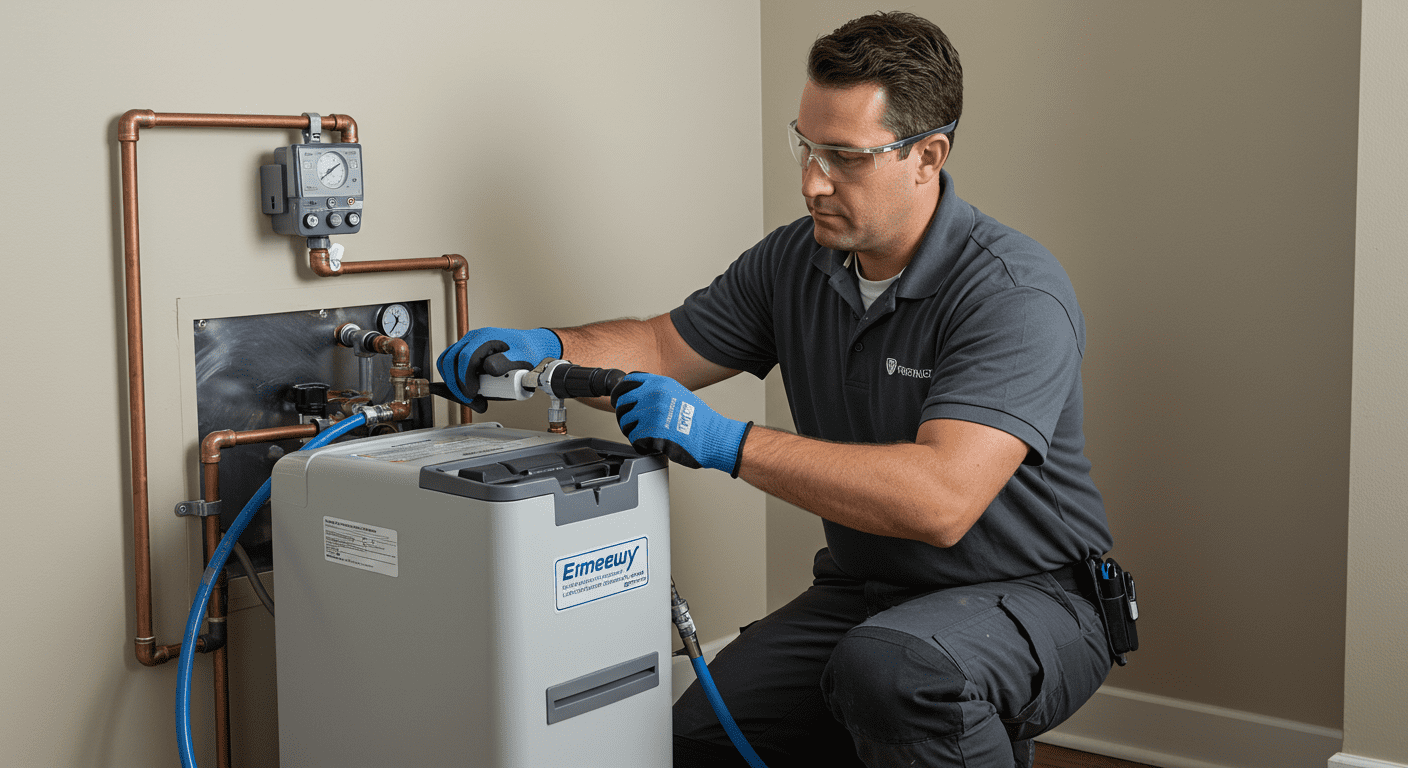 A technician installing a water softener system in a residential setting, showcasing the installation process. The technician is focused and professional, emphasizing expertise.