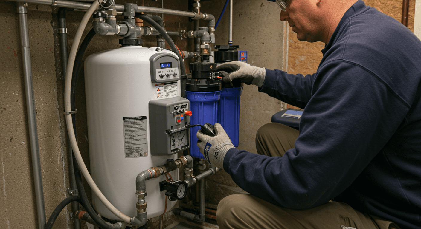 A technician installing a whole home water filter system in a basement. The focus is on the technician's hands working with the equipment, showcasing professionalism and expertise.