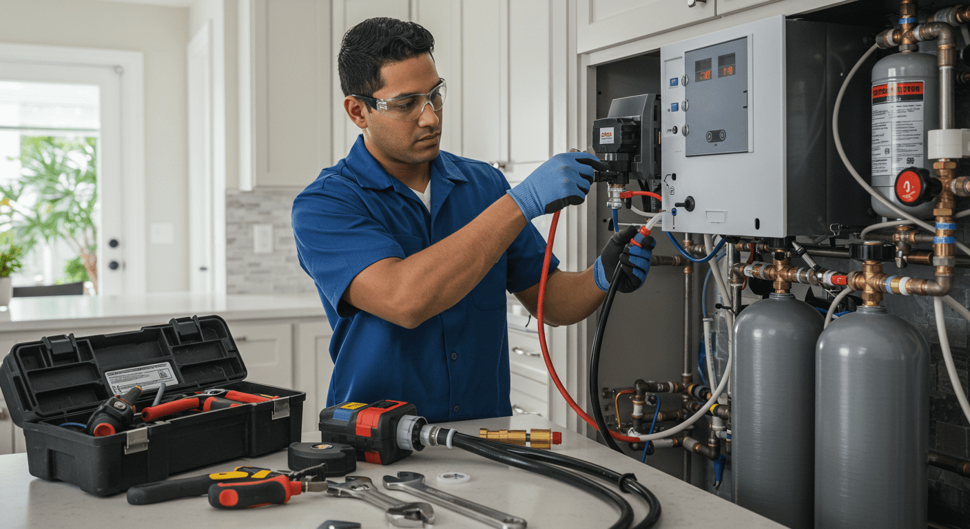Technician installing a water softener in a Miami home
