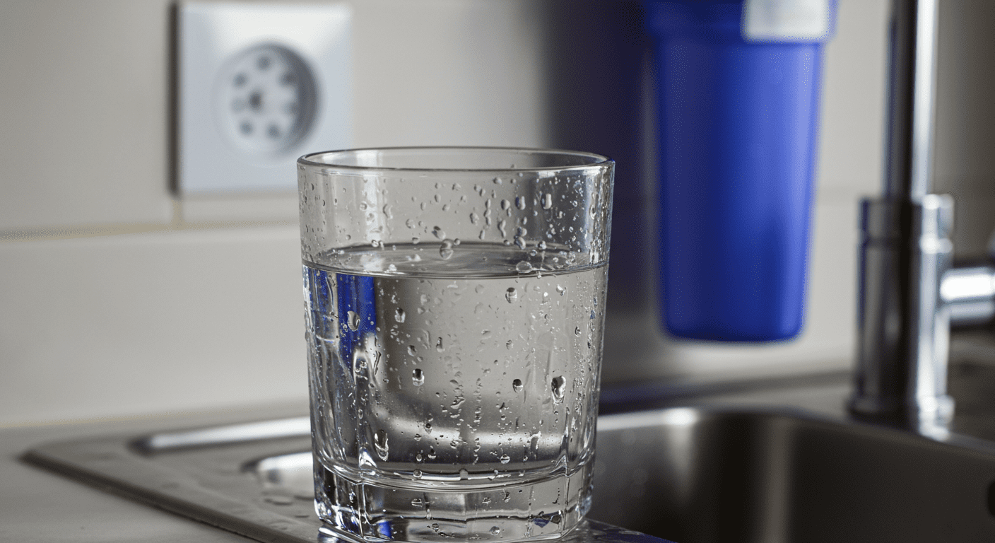 A close-up shot of a glass filled with crystal-clear water, with droplets of condensation on the outside. The background features a modern kitchen sink with a sleek water filtration system installed.