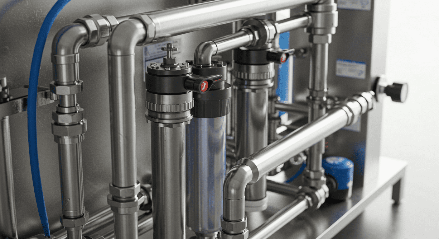 A detailed close-up shot of a high-tech water filtration system, highlighting its features and components.