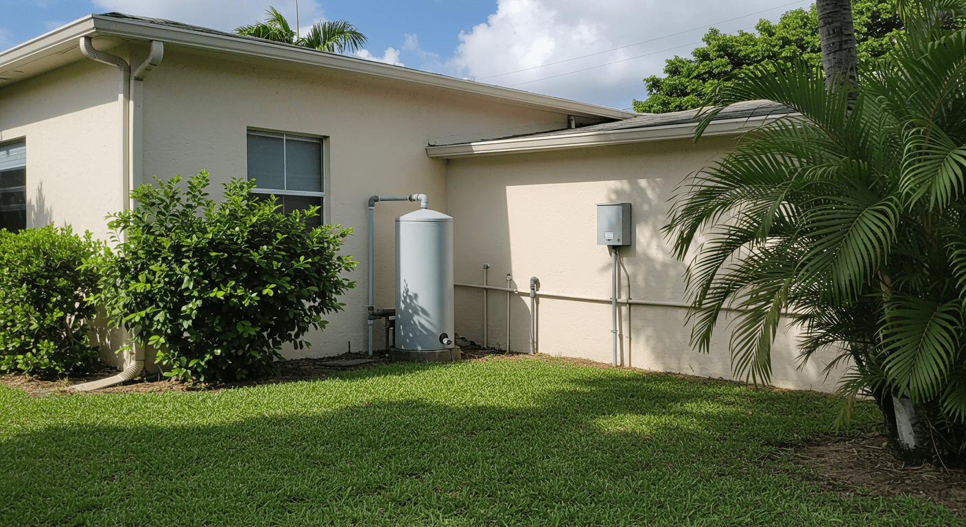 A serene outdoor scene of a home in Fort Lauderdale with a water softener system visible in the yard, surrounded by lush greenery, symbolizing the integration of technology and nature.