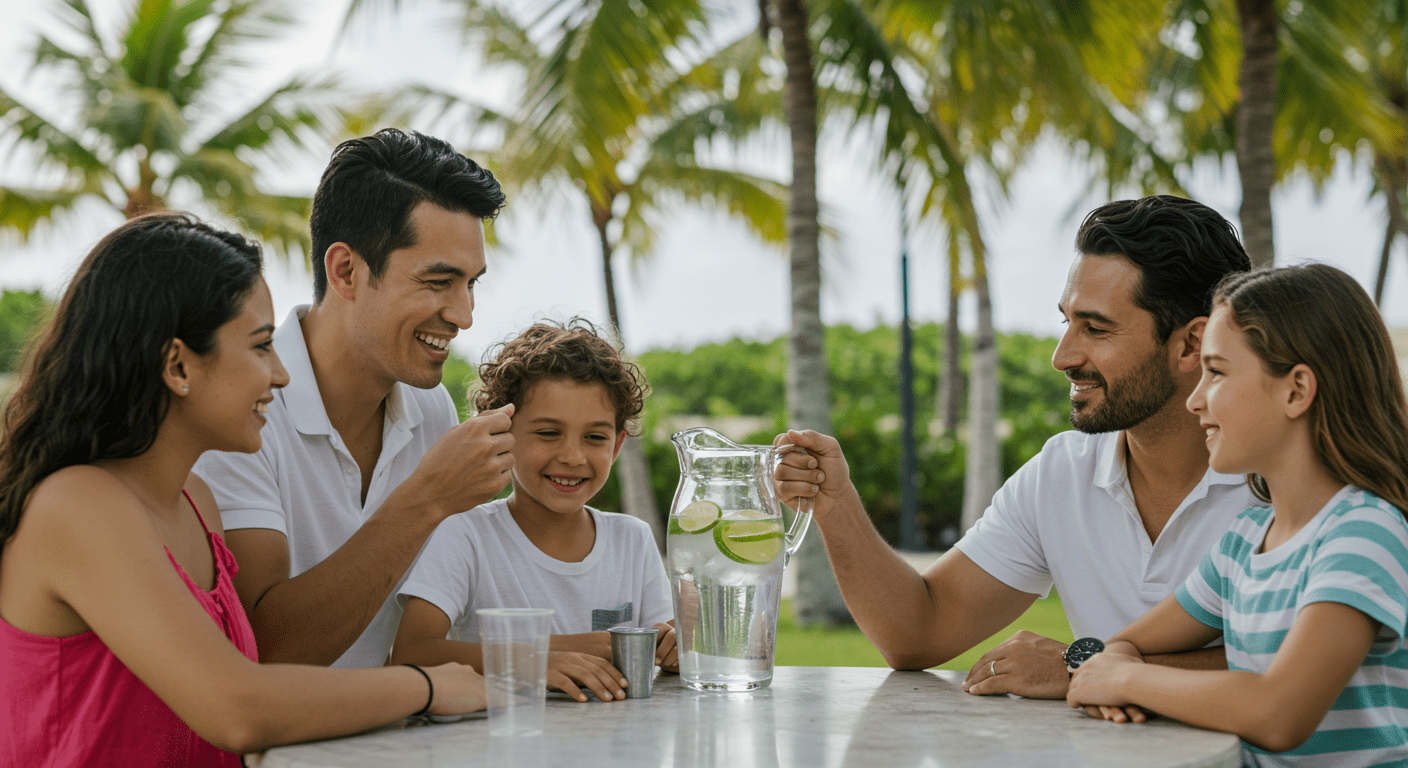 A serene outdoor setting in North Miami Beach, featuring a family enjoying clean water from a glass pitcher. The background includes palm trees and a sunny sky, emphasizing the local environment.