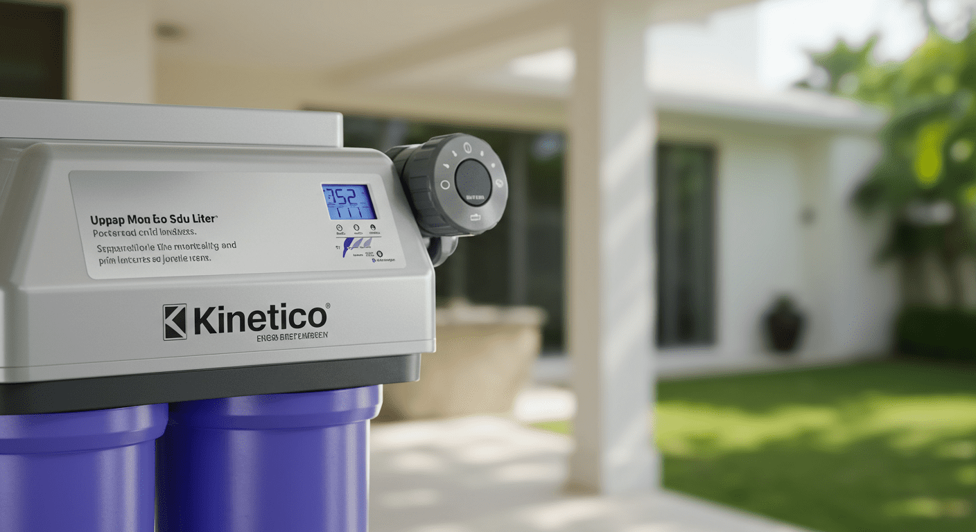 A detailed close-up of a Kinetico water filter, showcasing its modern design and technology, with a blurred background of a Coral Gables home.