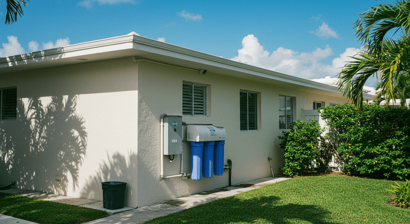 A serene outdoor scene of a North Miami Beach home with a visible water filtration system installed outside. The image captures the essence of clean living with lush greenery and a bright blue sky.