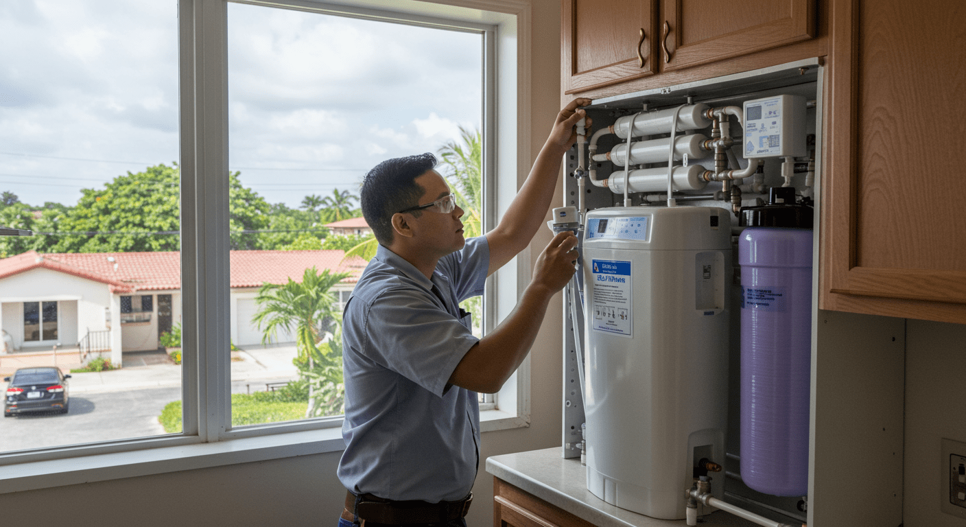 A technician installing a reverse osmosis water treatment system in a residential setting, with Hialeah's vibrant neighborhood visible through the window, emphasizing local service and expertise.