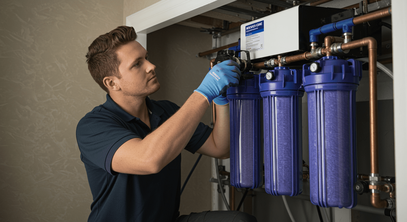 A professional technician installing a whole house water filtration system in a home.