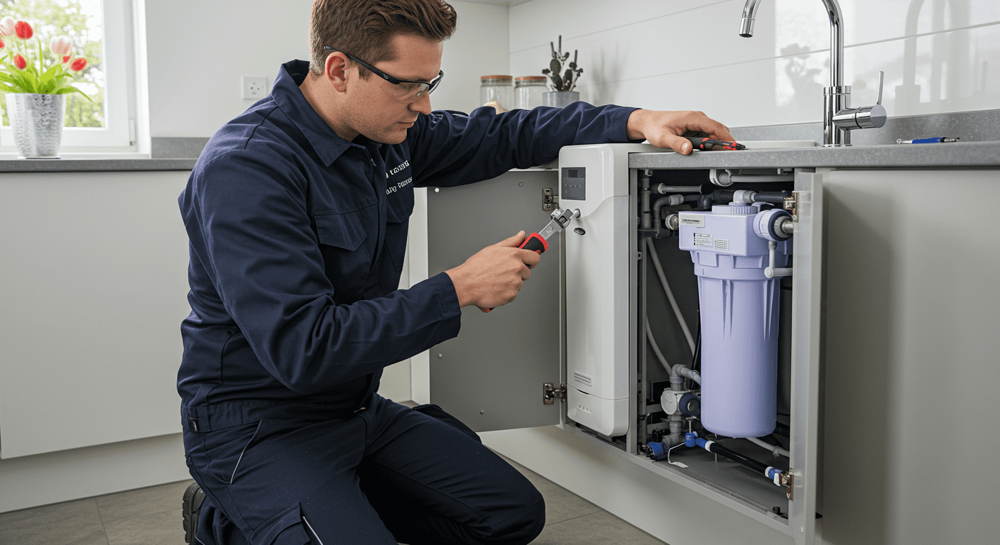 A technician installing a modern water purification system in a residential setting, showcasing the equipment and tools used.