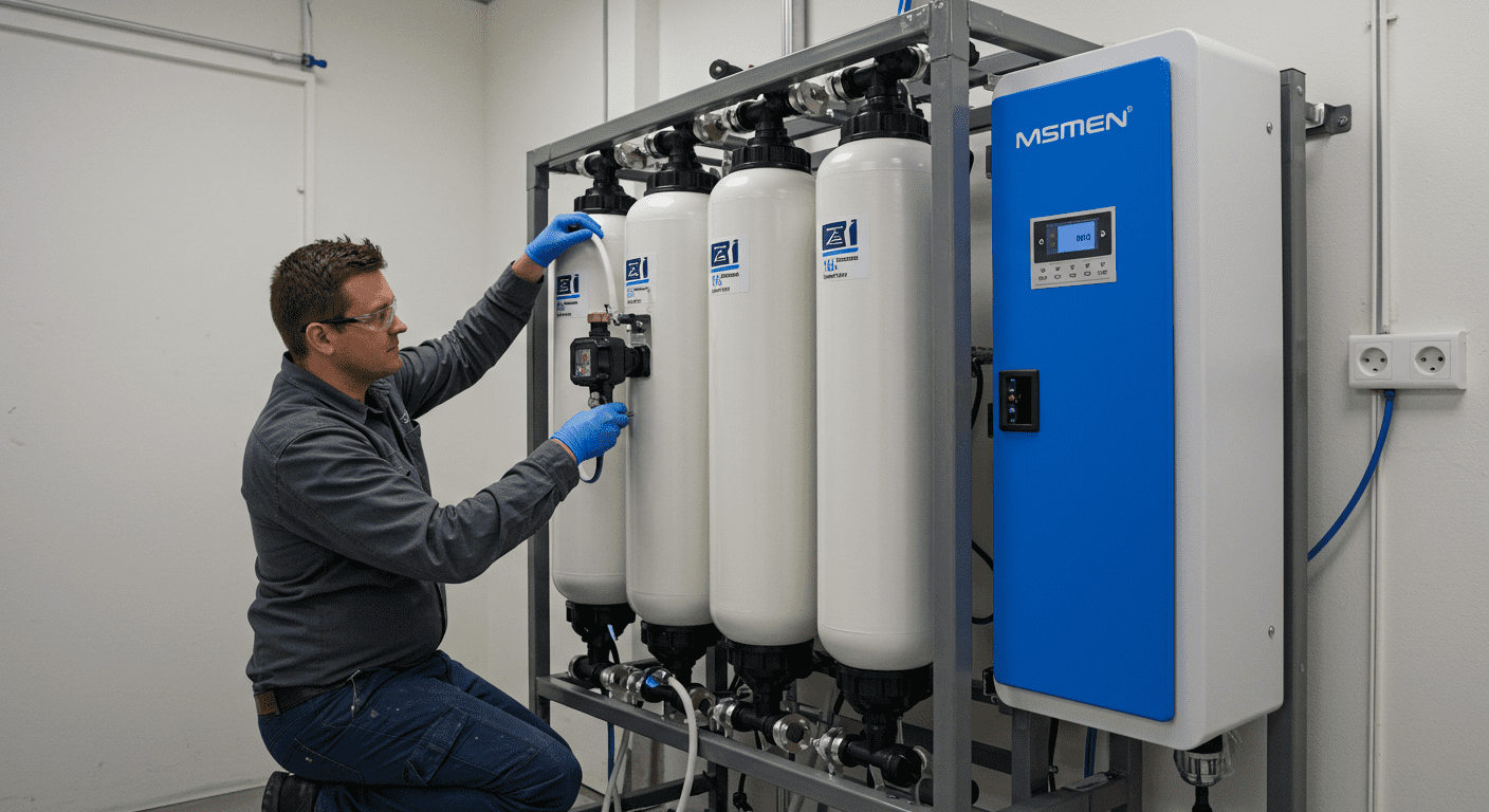 A technician installing a modern water softening system in a commercial building. The focus is on the equipment, showcasing its sleek design and functionality.
